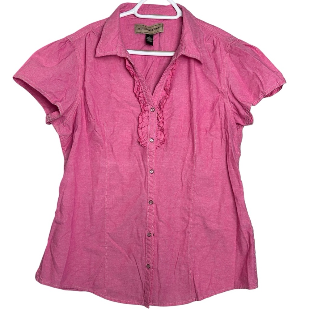 Bit & Bridle Womens XL Pink Pearl Snap Short Sleeve Ruffle Shirt Western Cowgirl